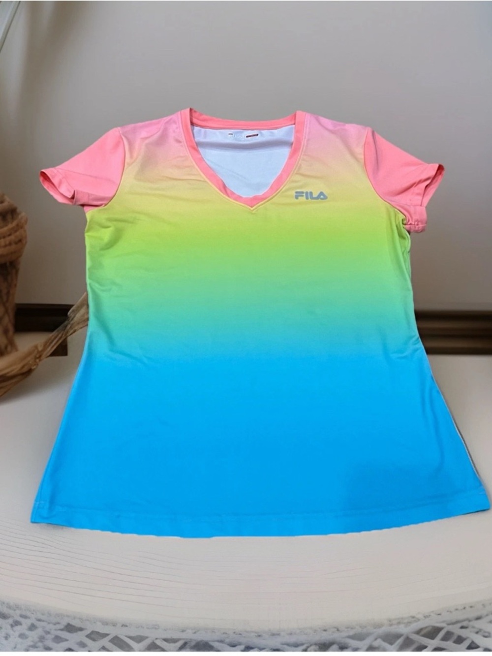 FILA Women's Gradient V-Neck Active Top - Pink, Yellow, Blue